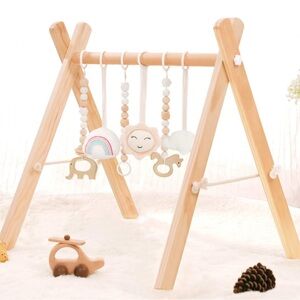 HAN-MM Wooden Baby Gym with 6 Wooden Baby Toys Foldable Baby Play Gym Frame
